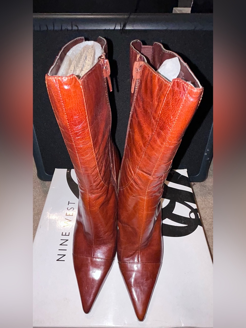 Nine West Tall Pointed-Toe Leather Boots in Chestnut
